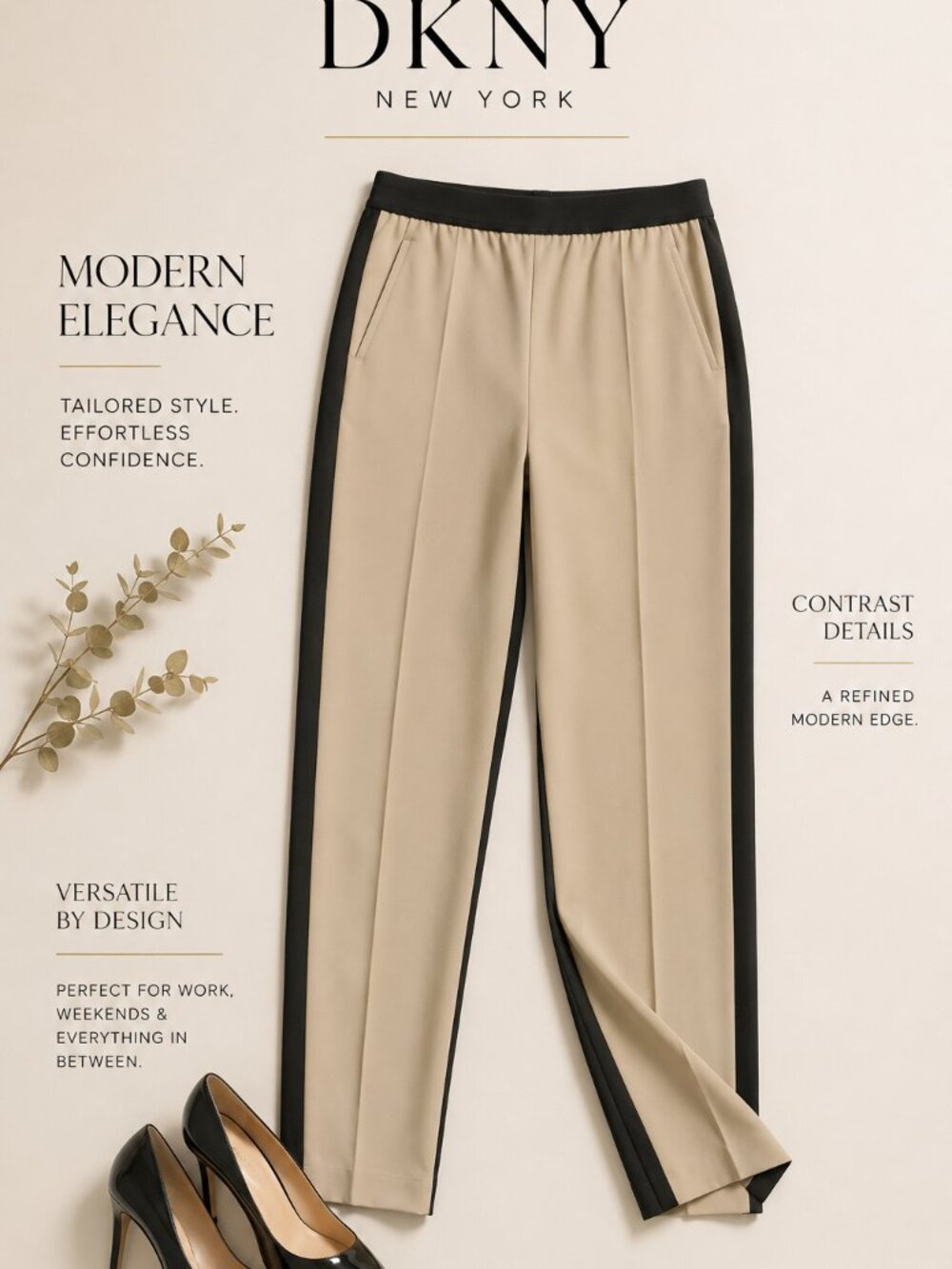 DKNY Two-Tone Straight-Leg Pants Tan/Black – Size Small NWT